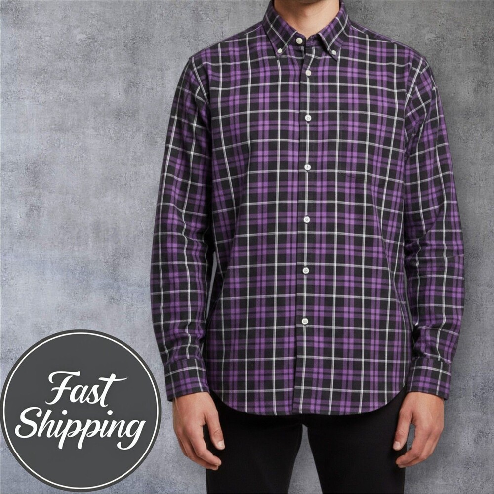 PETER MILLAR Mens Long Sleeve Button Down Shirt Men's Size L Plaid Purple White